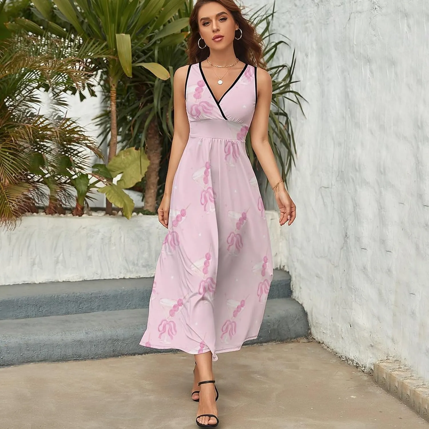 Women's Maxi Long Dress Disco Ball Martini Glass Casual Sleeveless Summer Beach Dress
