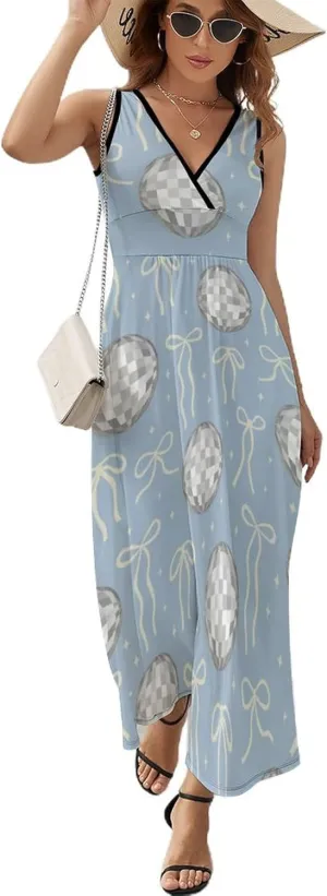 Women's Maxi Long Dress Disco Balls and Bows Casual Sleeveless Summer Beach Dress