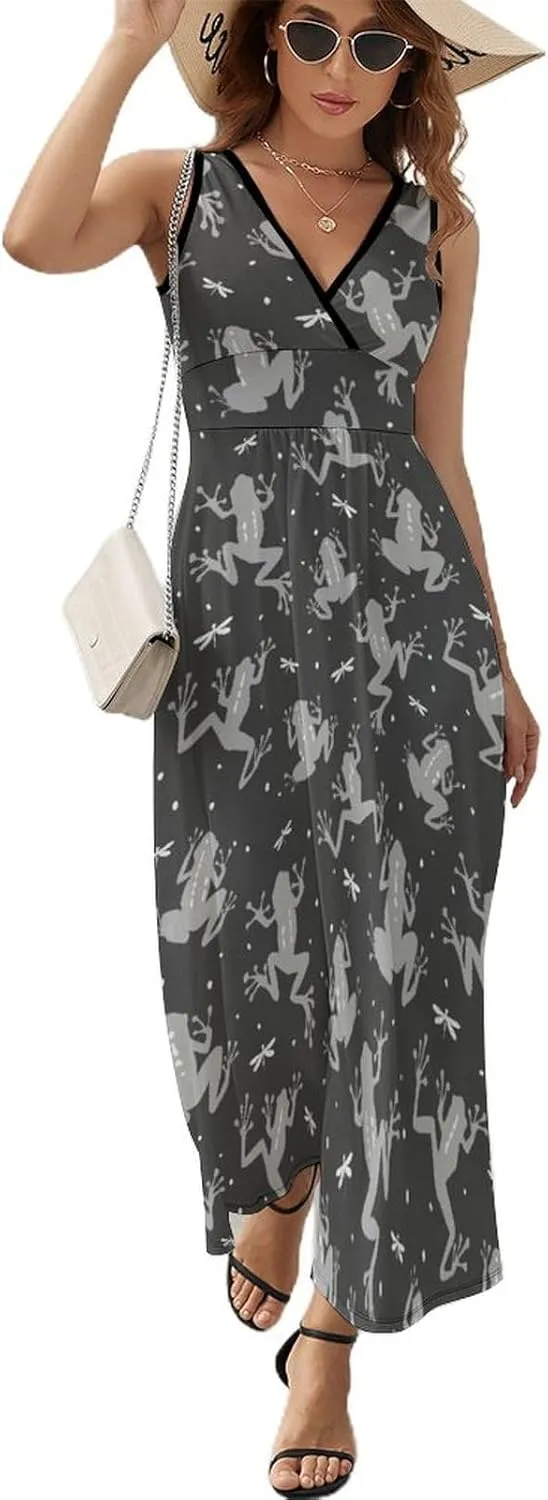 Women's Maxi Long Dress Frog Dragonfly Silhouettes Casual Sleeveless Summer Beach Dress