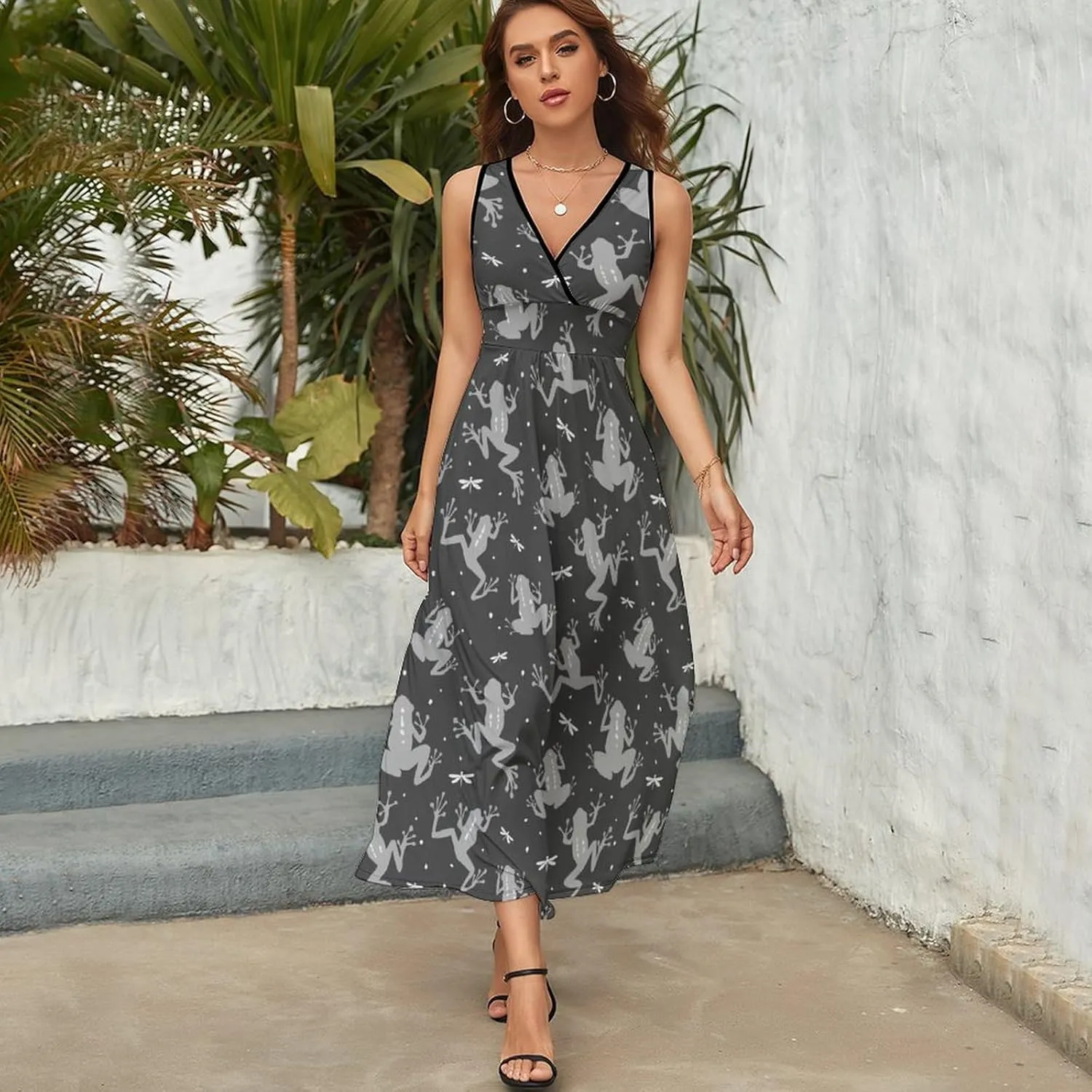 Women's Maxi Long Dress Frog Dragonfly Silhouettes Casual Sleeveless Summer Beach Dress