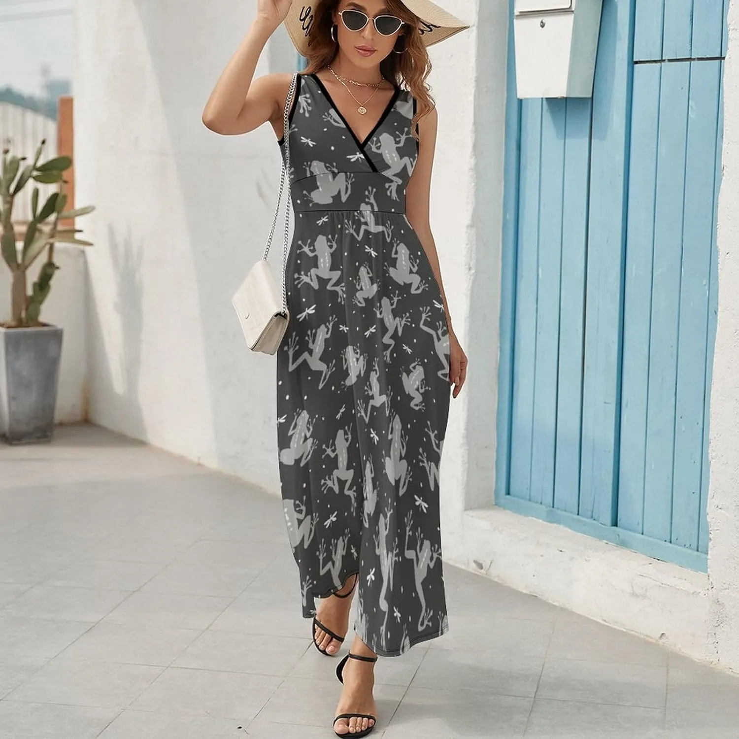 Women's Maxi Long Dress Frog Dragonfly Silhouettes Casual Sleeveless Summer Beach Dress