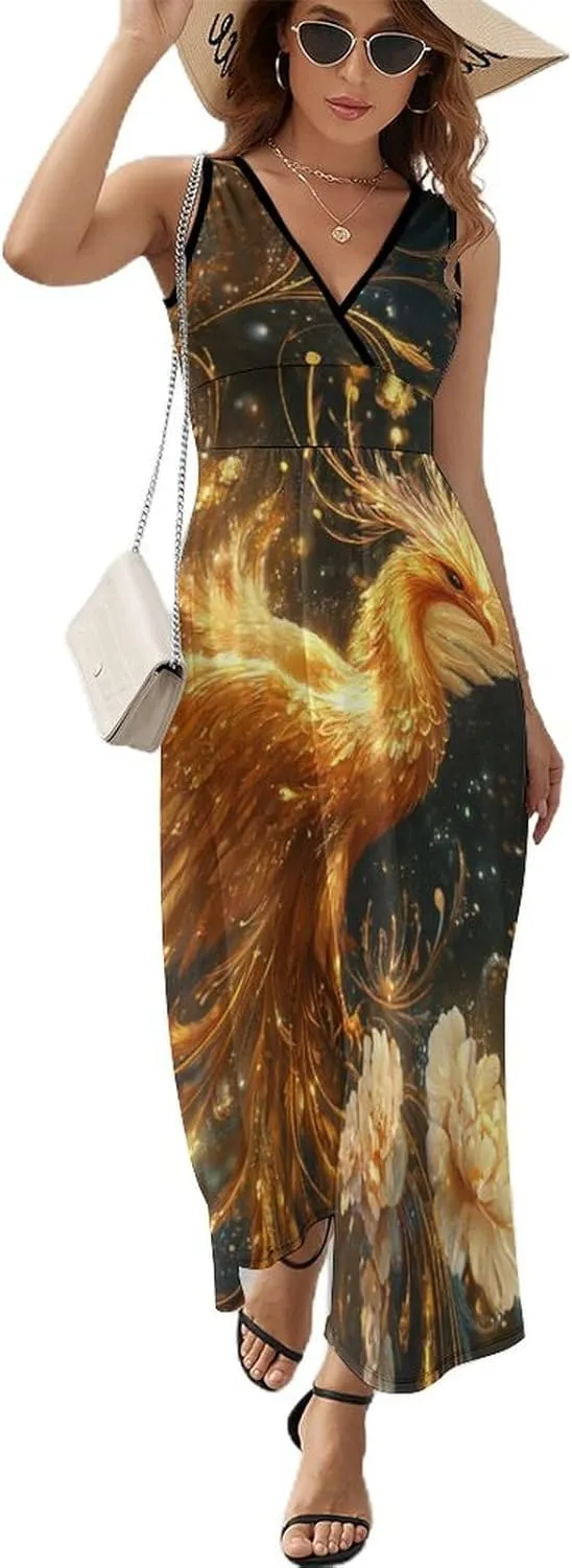 Women's Maxi Long Dress Gold_Phoenix Flower Casual Sleeveless Summer Beach Dress