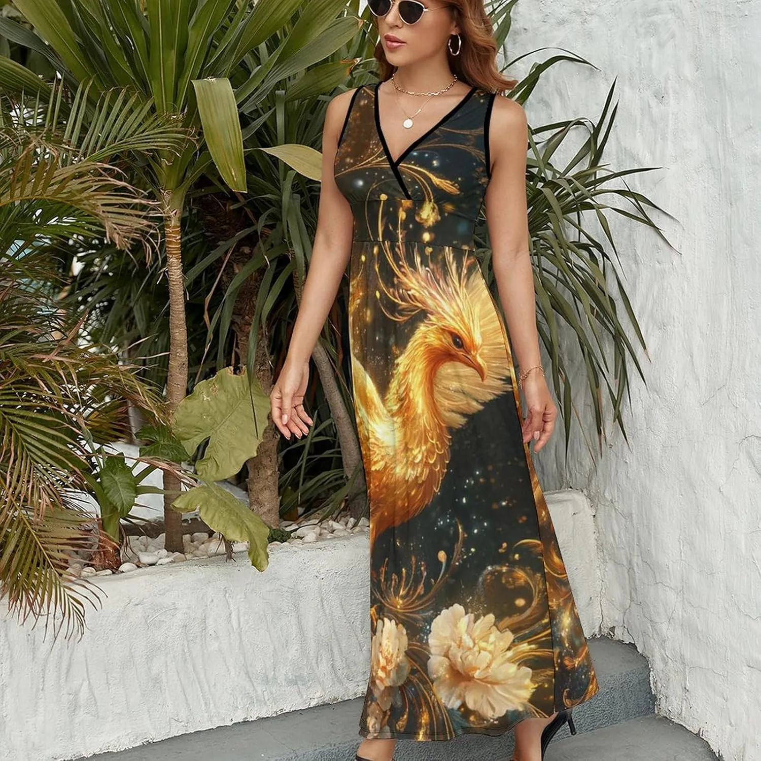 Women's Maxi Long Dress Gold_Phoenix Flower Casual Sleeveless Summer Beach Dress