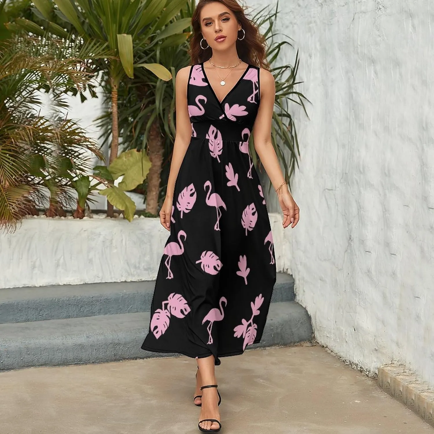 Women's Maxi Long Dress Pink Flamingo Tropic Casual Sleeveless Summer Beach Dress