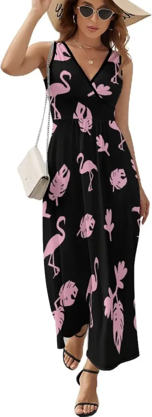 Women's Maxi Long Dress Pink Flamingo Tropic Casual Sleeveless Summer Beach Dress