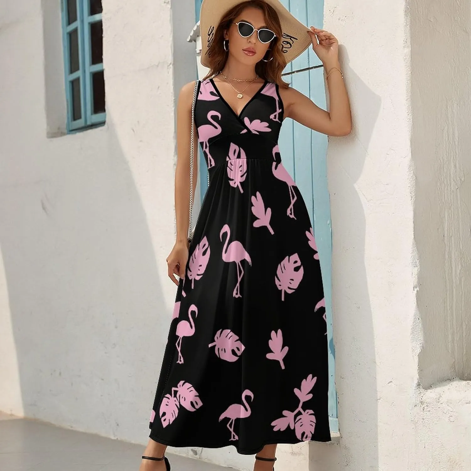 Women's Maxi Long Dress Pink Flamingo Tropic Casual Sleeveless Summer Beach Dress