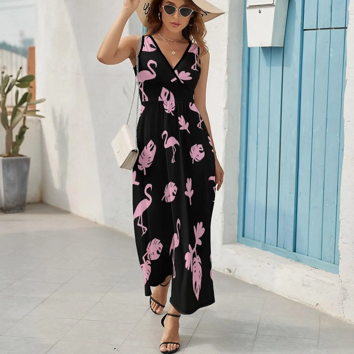 Women's Maxi Long Dress Pink Flamingo Tropic Casual Sleeveless Summer Beach Dress
