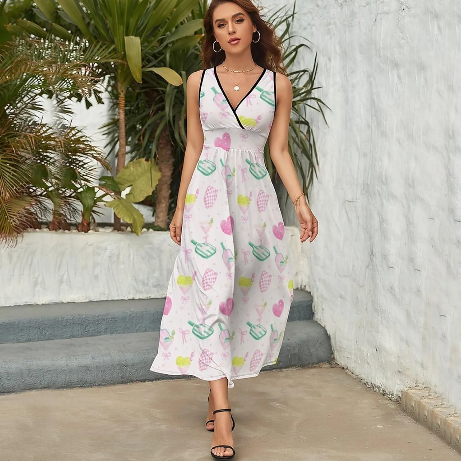 Women's Maxi Long Dress Pink Pickleball Paddles Casual Sleeveless Summer Beach Dress