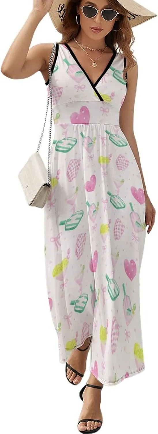 Women's Maxi Long Dress Pink Pickleball Paddles Casual Sleeveless Summer Beach Dress