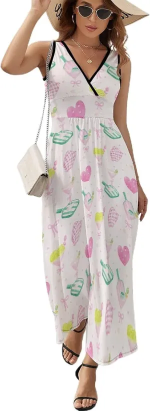 Women's Maxi Long Dress Pink Pickleball Paddles Casual Sleeveless Summer Beach Dress