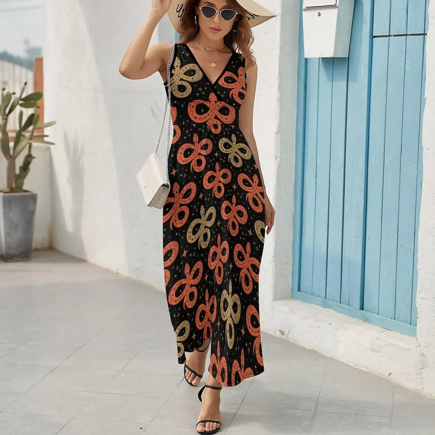 Women's Maxi Long Dress Red ANG Golden Snakes Casual Sleeveless Summer Beach Dress