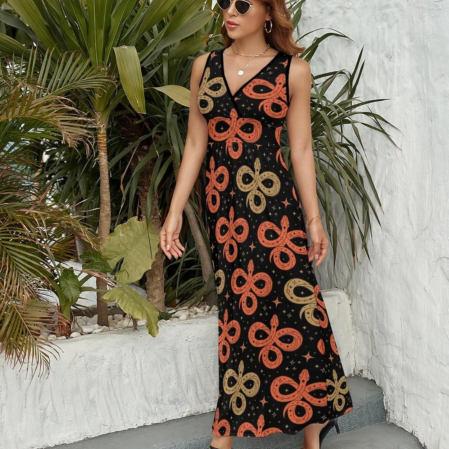 Women's Maxi Long Dress Red ANG Golden Snakes Casual Sleeveless Summer Beach Dress