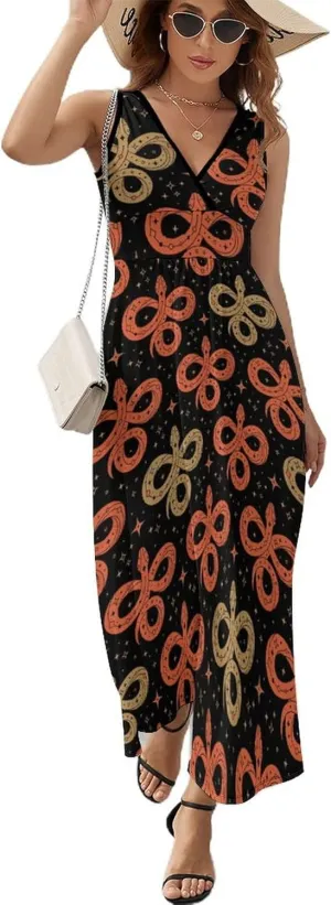 Women's Maxi Long Dress Red ANG Golden Snakes Casual Sleeveless Summer Beach Dress