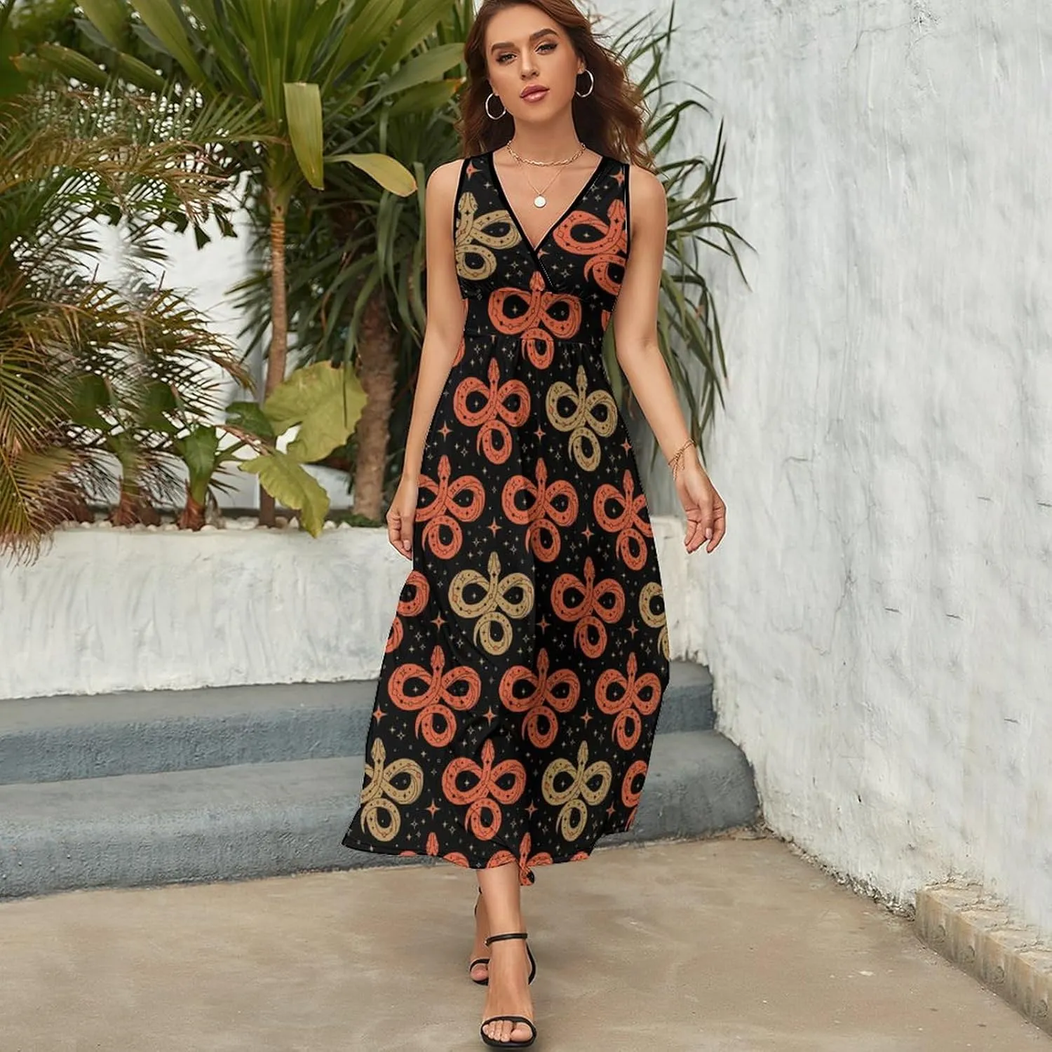 Women's Maxi Long Dress Red ANG Golden Snakes Casual Sleeveless Summer Beach Dress