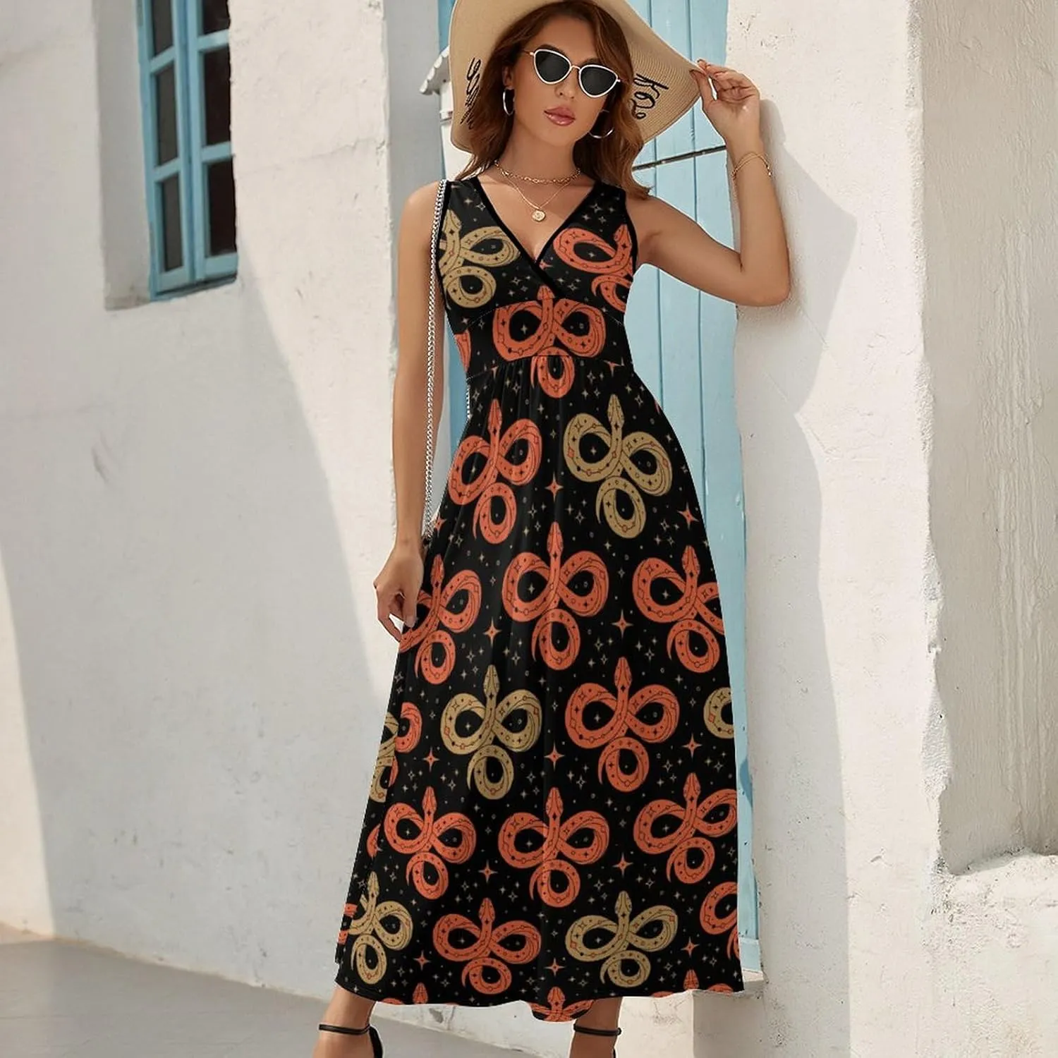 Women's Maxi Long Dress Red ANG Golden Snakes Casual Sleeveless Summer Beach Dress