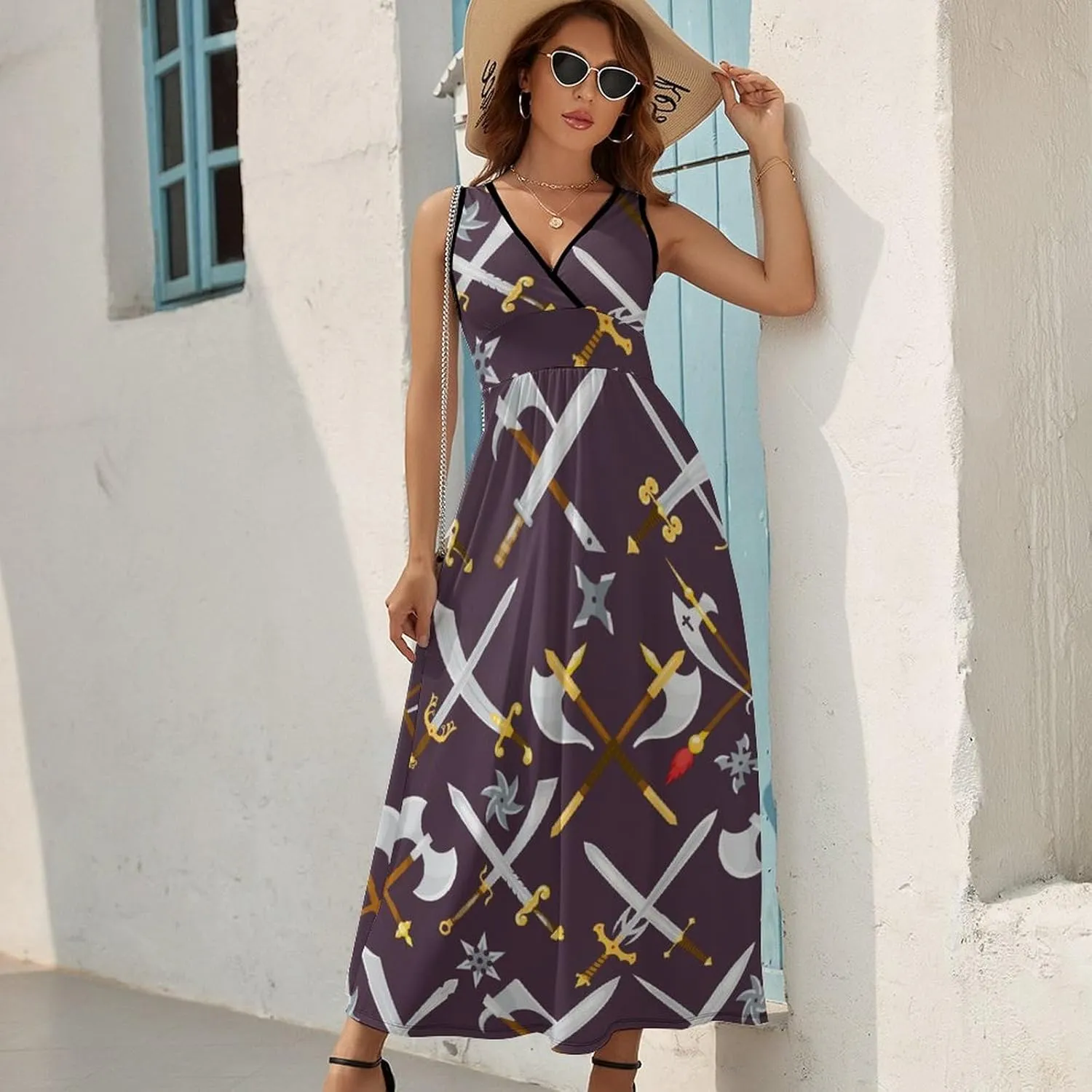 Women's Maxi Long Dress Sword with Knife Casual Sleeveless Summer Beach Dress