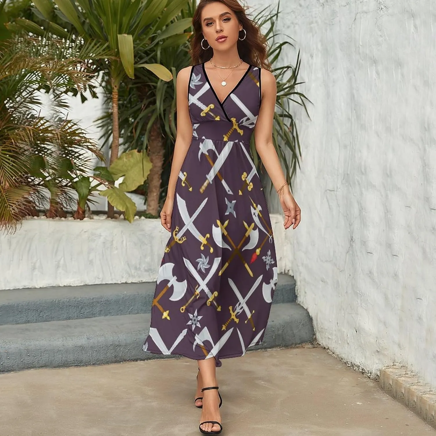 Women's Maxi Long Dress Sword with Knife Casual Sleeveless Summer Beach Dress