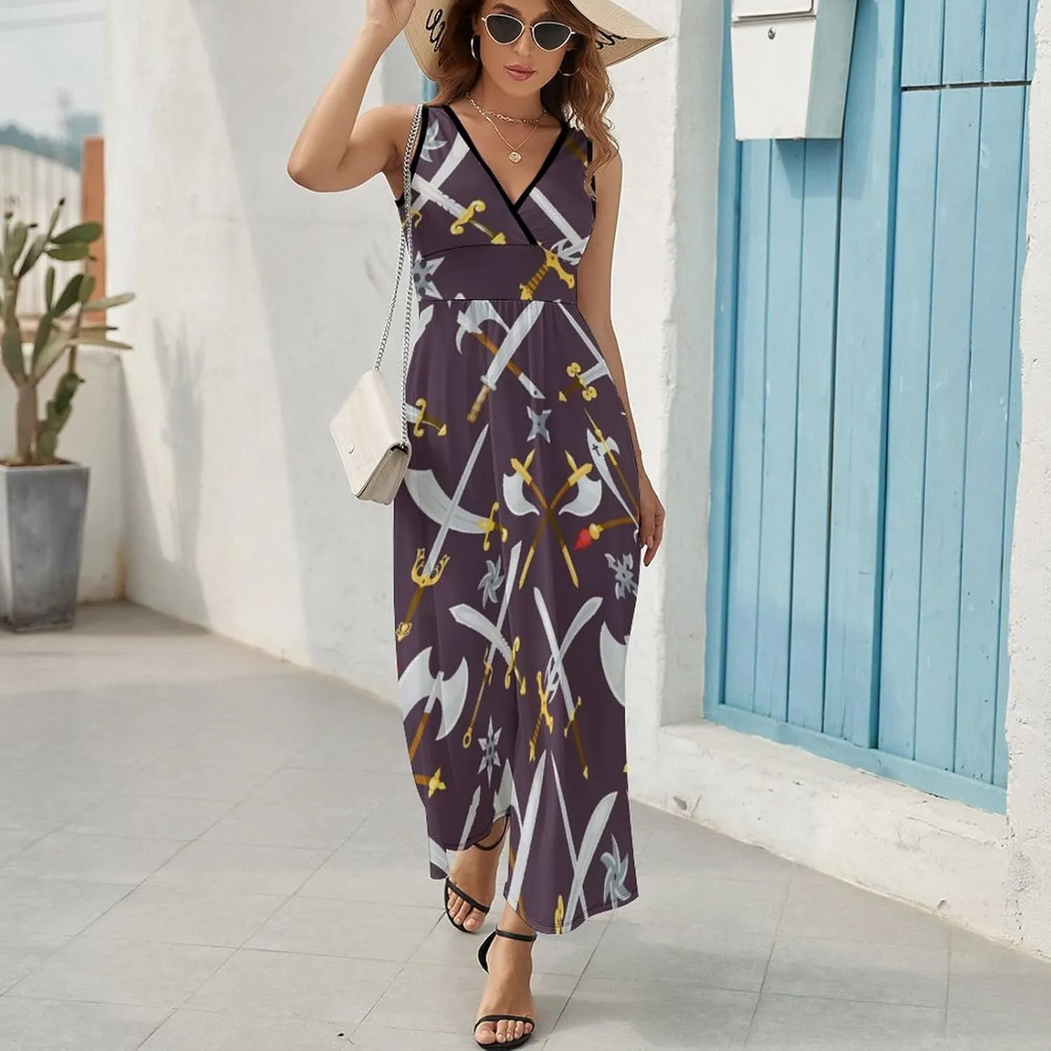 Women's Maxi Long Dress Sword with Knife Casual Sleeveless Summer Beach Dress