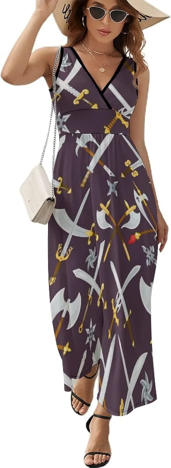 Women's Maxi Long Dress Sword with Knife Casual Sleeveless Summer Beach Dress