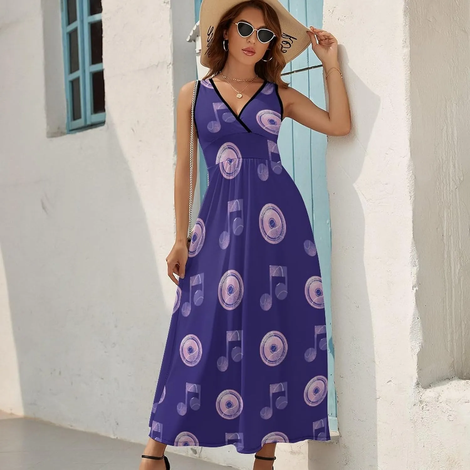 Women's Maxi Long Dress Turntables Music Notes Casual Sleeveless Summer Beach Dress