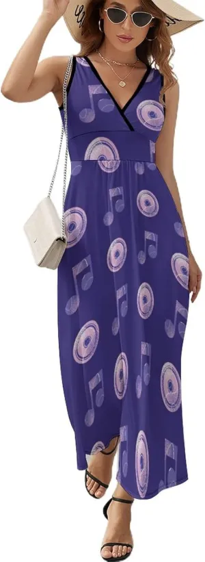 Women's Maxi Long Dress Turntables Music Notes Casual Sleeveless Summer Beach Dress