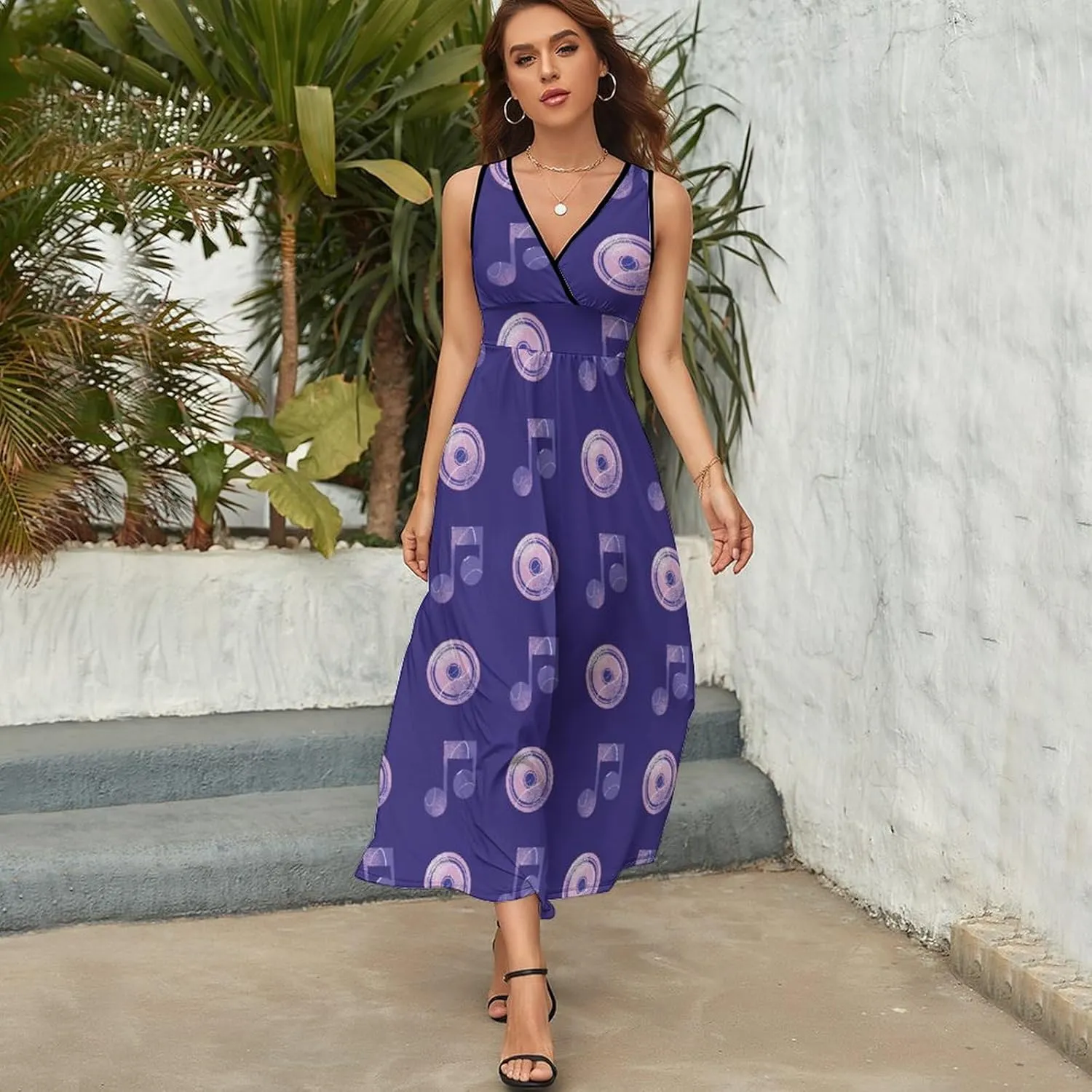 Women's Maxi Long Dress Turntables Music Notes Casual Sleeveless Summer Beach Dress