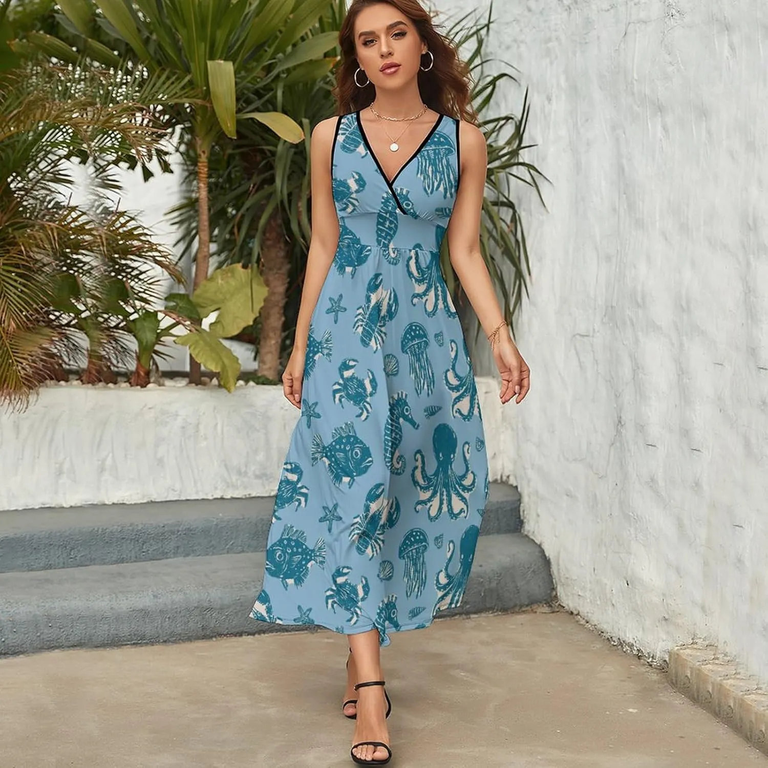 Women's Maxi Long Dress Vintage Octopus Jellyfish Casual Sleeveless Summer Beach Dress