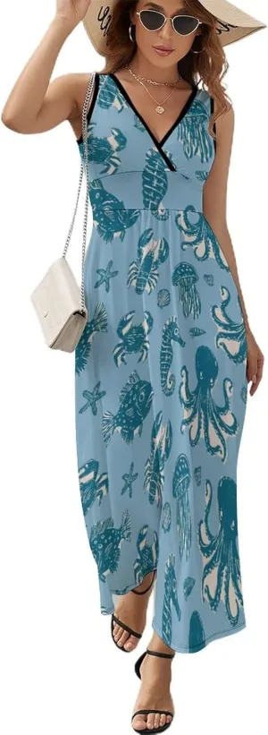 Women's Maxi Long Dress Vintage Octopus Jellyfish Casual Sleeveless Summer Beach Dress