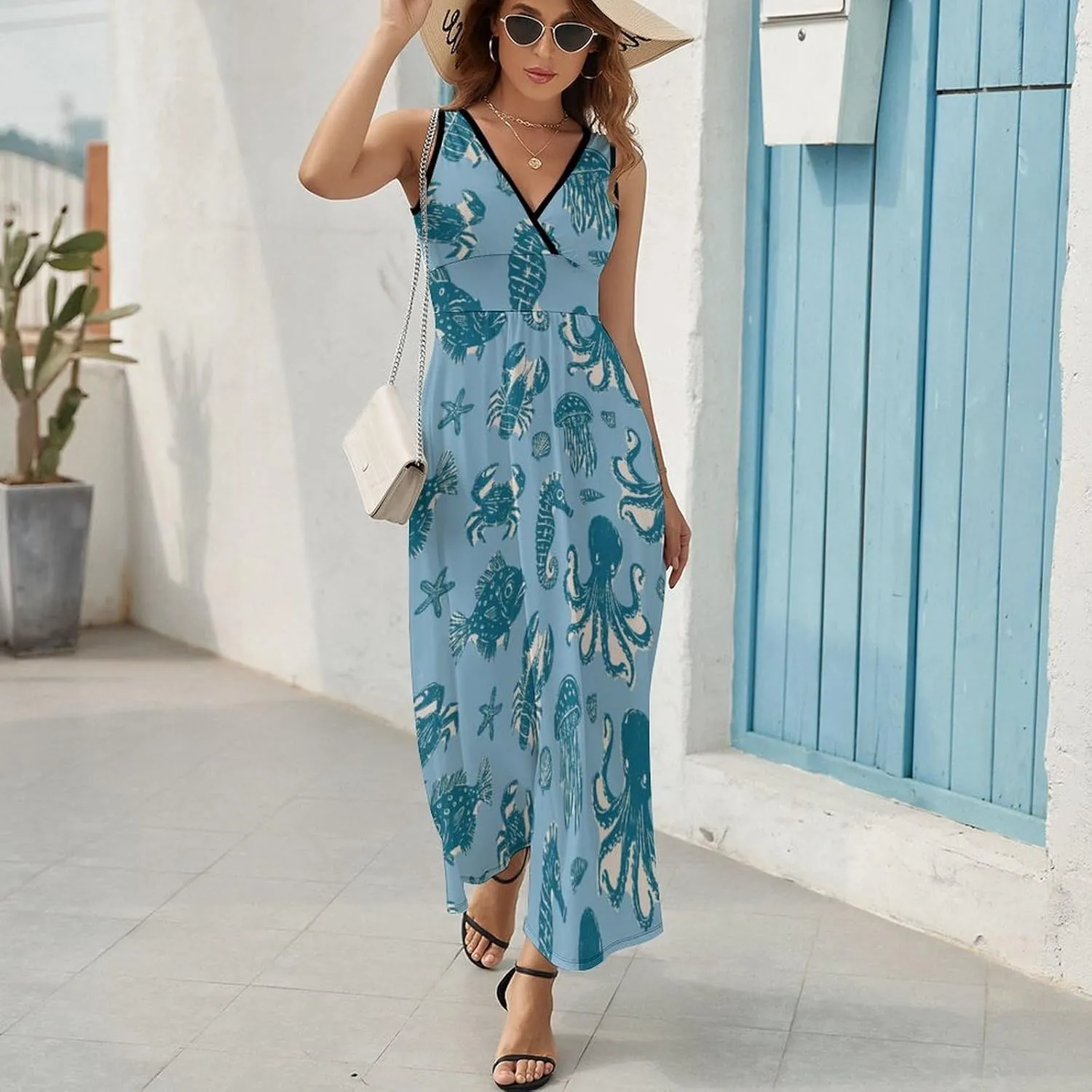 Women's Maxi Long Dress Vintage Octopus Jellyfish Casual Sleeveless Summer Beach Dress