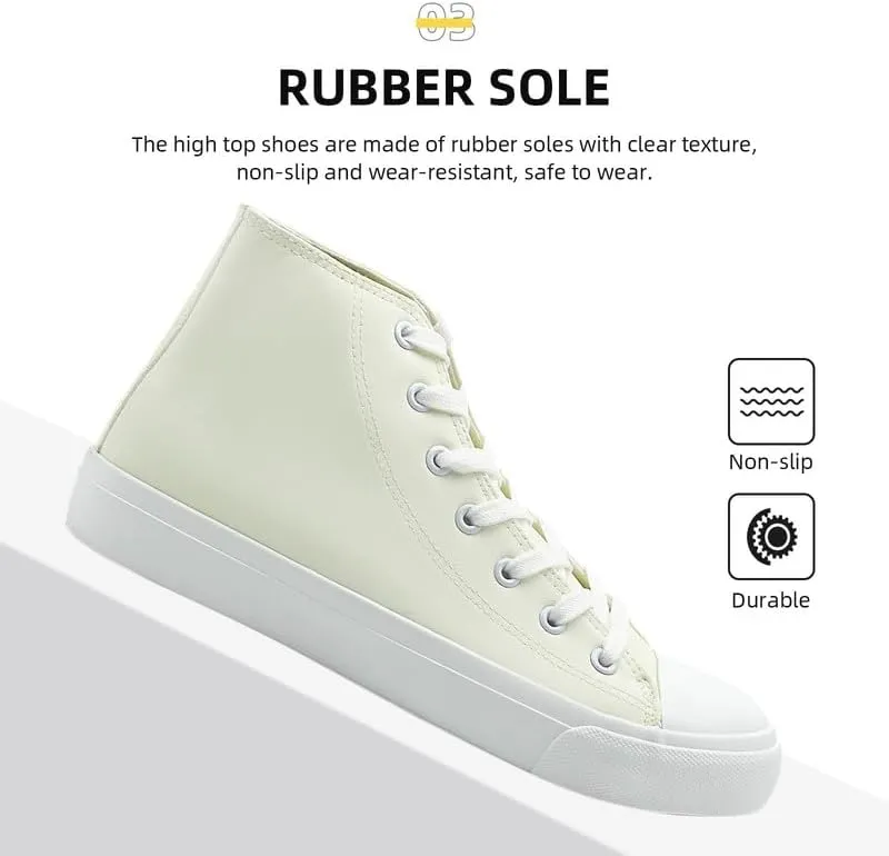 Women’s Men’s High Top Sneakers PU Leather Shoes for Women Men Classic White Black High Top Lace Up Sneakers Casual Walking Shoes
