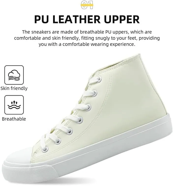 Women’s Men’s High Top Sneakers PU Leather Shoes for Women Men Classic White Black High Top Lace Up Sneakers Casual Walking Shoes