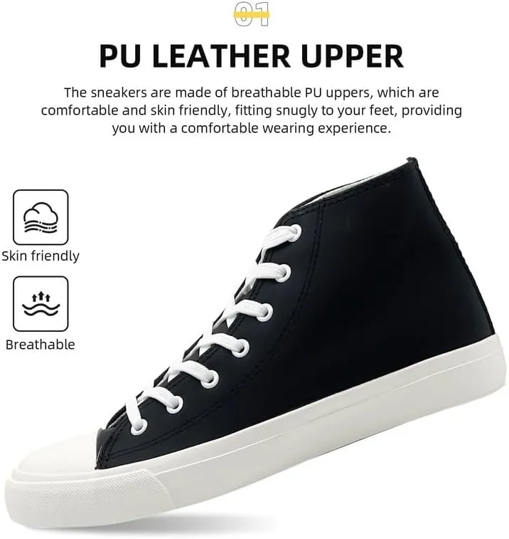 Women’s Men’s High Top Sneakers PU Leather Shoes for Women Men Classic White Black High Top Lace Up Sneakers Casual Walking Shoes