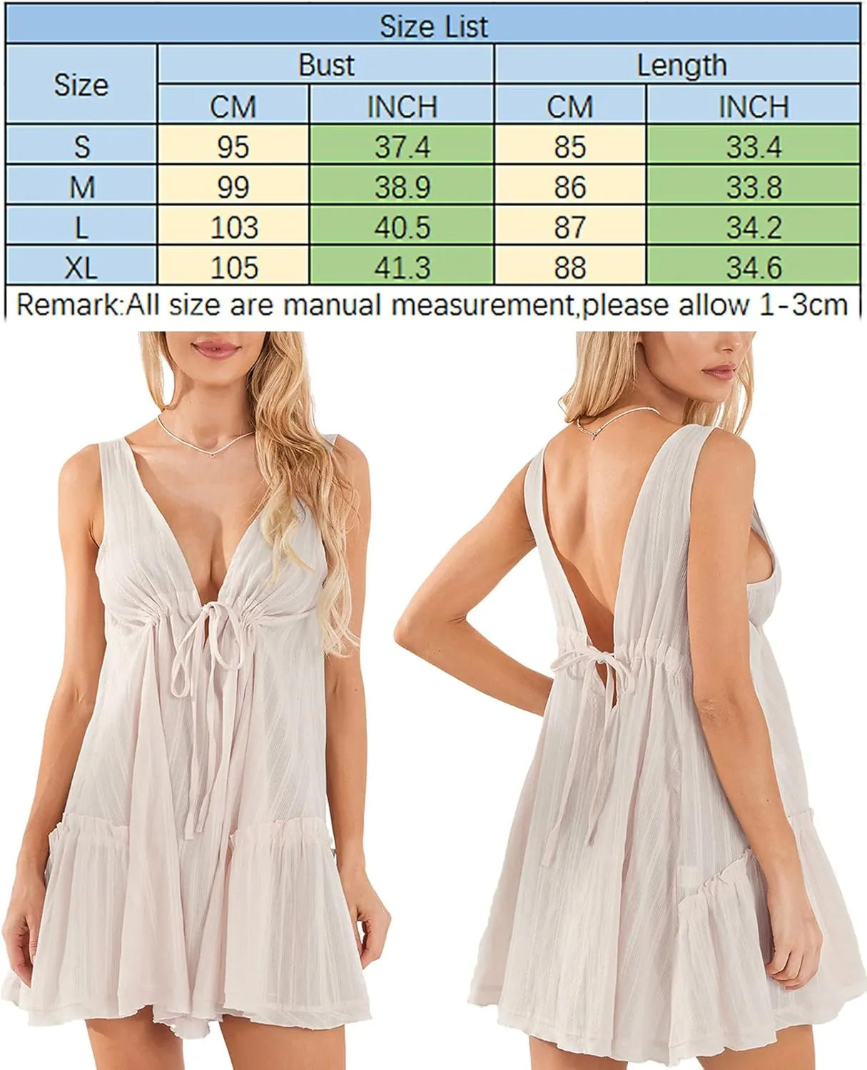 Womens Mini Dress Casual Loose V Neck Tie-Up A-line Dress Summer Sleeveless Swing Flowy Beach Sundress