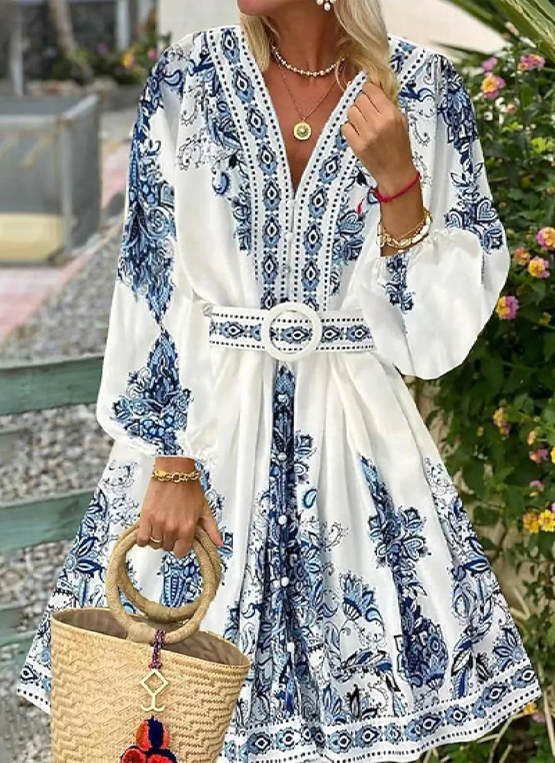 Women's Mini Dresses Boho Casual Spring Breezy Printed V Neck 2025 Long Sleeve A-line Summer Beach Dress