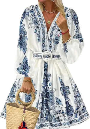 Women's Mini Dresses Boho Casual Spring Breezy Printed V Neck 2025 Long Sleeve A-line Summer Beach Dress