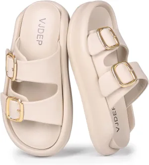 Women's Modern Minimalist Platform Sandals with Gold Buckle, Casual Slip On, Lightweight Foam Slides, Comfortable and Stylish Women's Two Strap Slide Flat Sandals in Creamy Shades
