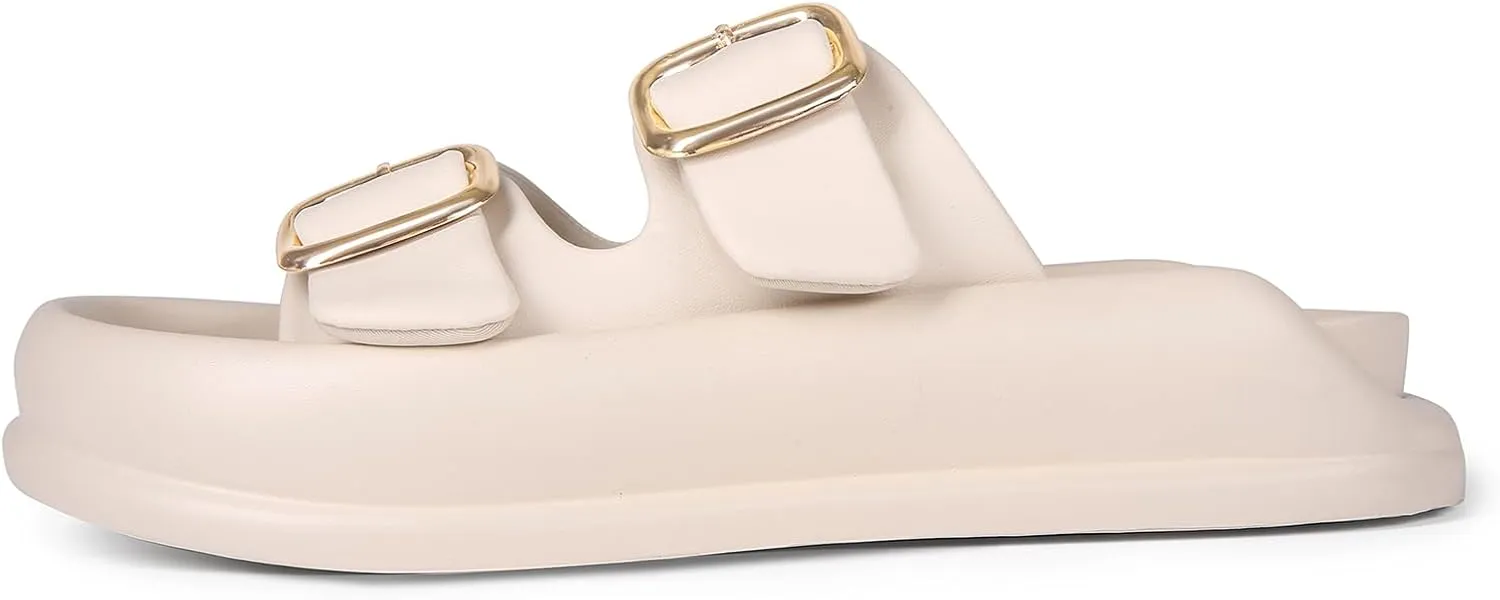 Women's Modern Minimalist Platform Sandals with Gold Buckle, Casual Slip On, Lightweight Foam Slides, Comfortable and Stylish Women's Two Strap Slide Flat Sandals in Creamy Shades