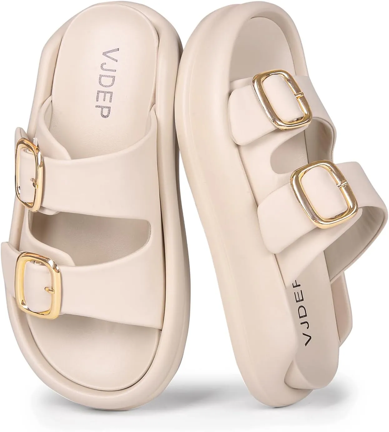 Women's Modern Minimalist Platform Sandals with Gold Buckle, Casual Slip On, Lightweight Foam Slides, Comfortable and Stylish Women's Two Strap Slide Flat Sandals in Creamy Shades