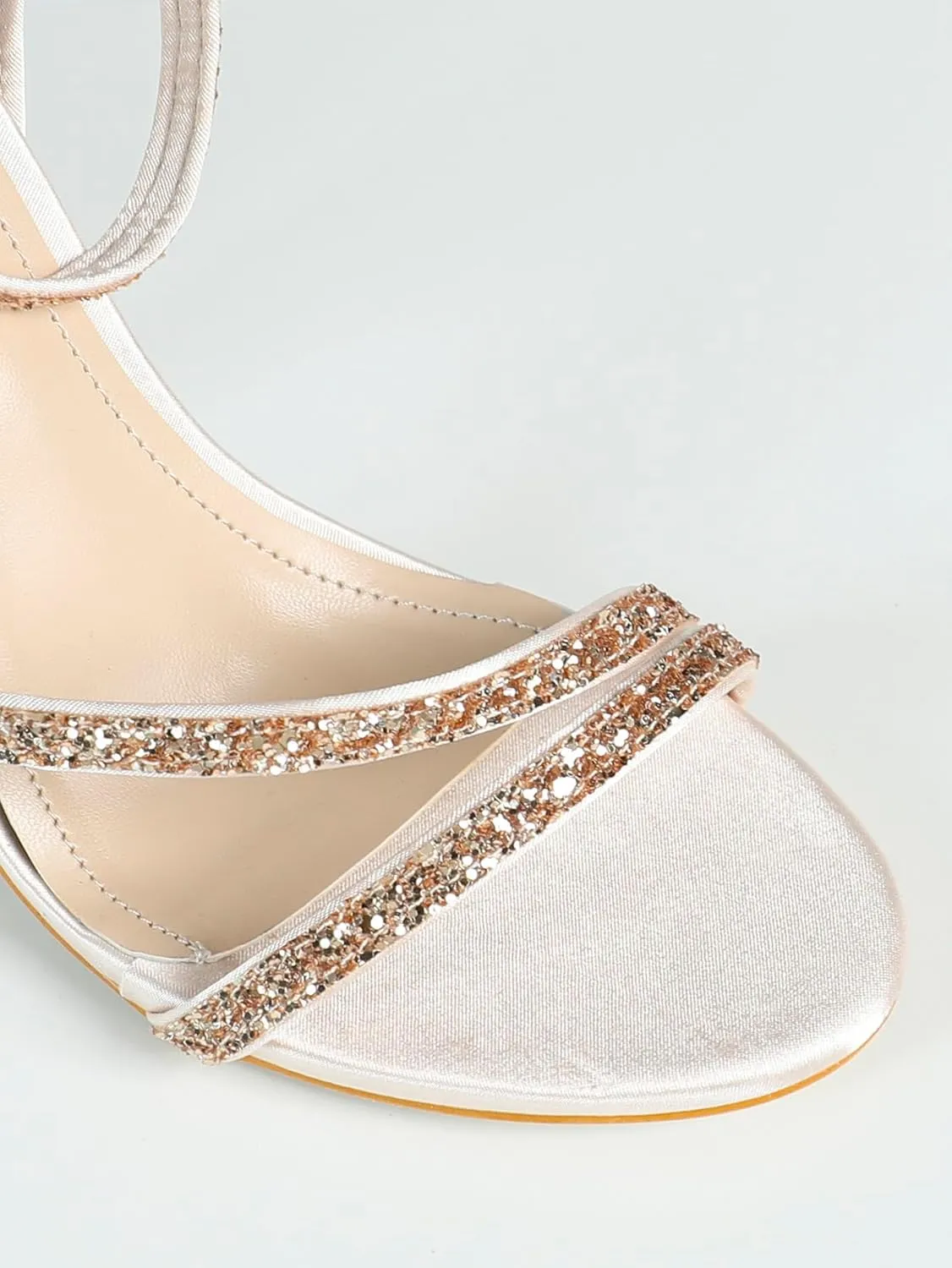 Women's Off-White Satin High-Heel Sandals | Rhinestone Strap Pumps with Pendant Detail | Open-Toe Wedding Banquet Shoes | 2025 Trendy Elegant Dress Heels