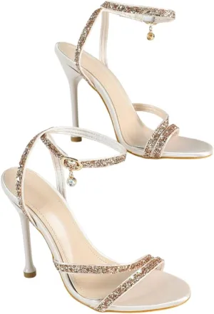 Women's Off-White Satin High-Heel Sandals | Rhinestone Strap Pumps with Pendant Detail | Open-Toe Wedding Banquet Shoes | 2025 Trendy Elegant Dress Heels