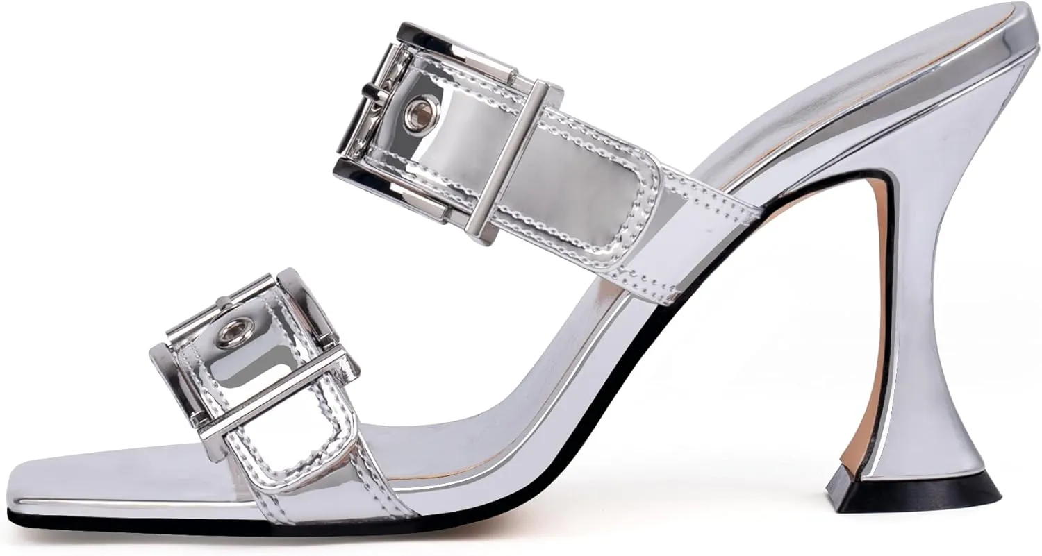 Women's Open Square Toe Heeled Sandals Sexy Stiletto High Heel Slip On Buckle Strap Patent Leather Casual Party Shoes