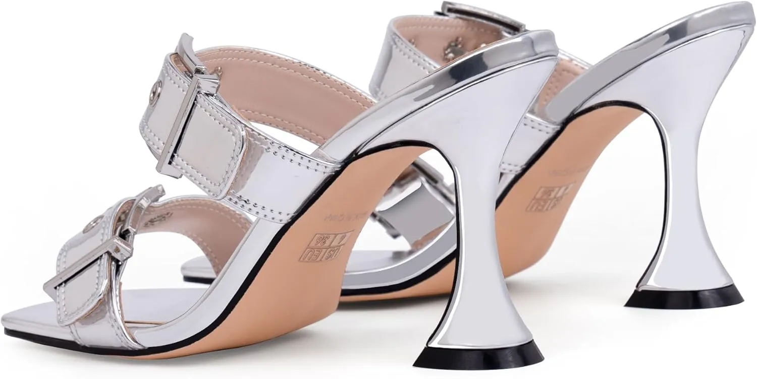 Women's Open Square Toe Heeled Sandals Sexy Stiletto High Heel Slip On Buckle Strap Patent Leather Casual Party Shoes