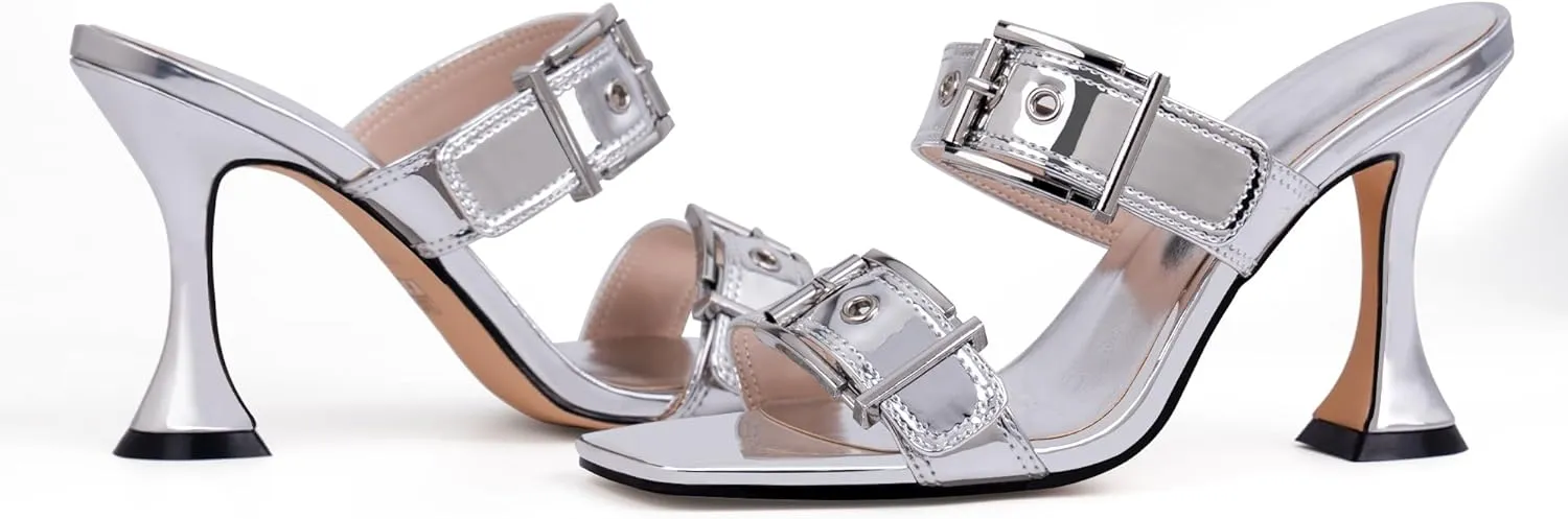 Women's Open Square Toe Heeled Sandals Sexy Stiletto High Heel Slip On Buckle Strap Patent Leather Casual Party Shoes
