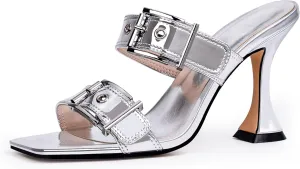 Women's Open Square Toe Heeled Sandals Sexy Stiletto High Heel Slip On Buckle Strap Patent Leather Casual Party Shoes