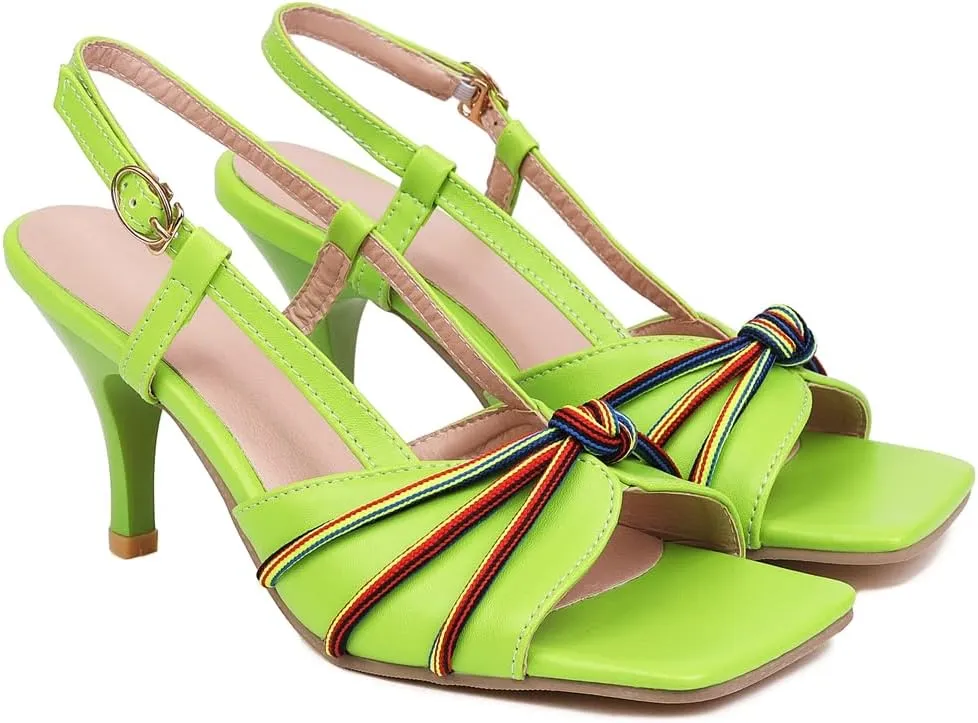 Women's Open Toe Slingback Kitten Heeled Sandals Knot Stilettos High Heels Evening Party Dressy Sandal