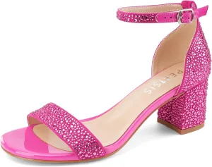 Women's Open Toe Strappy Low Block Heel Bling Rhinestone Sandals Silver Chunky Dressy Sparkly Heels with Ankle Strap Metal Buckle for Wedding Bride Ladies