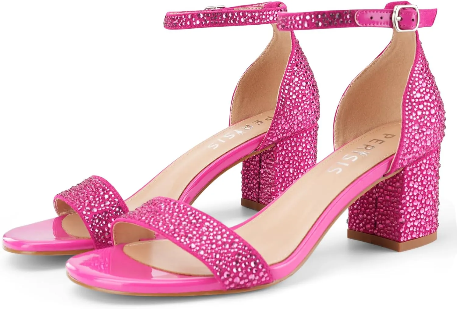 Women's Open Toe Strappy Low Block Heel Bling Rhinestone Sandals Silver Chunky Dressy Sparkly Heels with Ankle Strap Metal Buckle for Wedding Bride Ladies