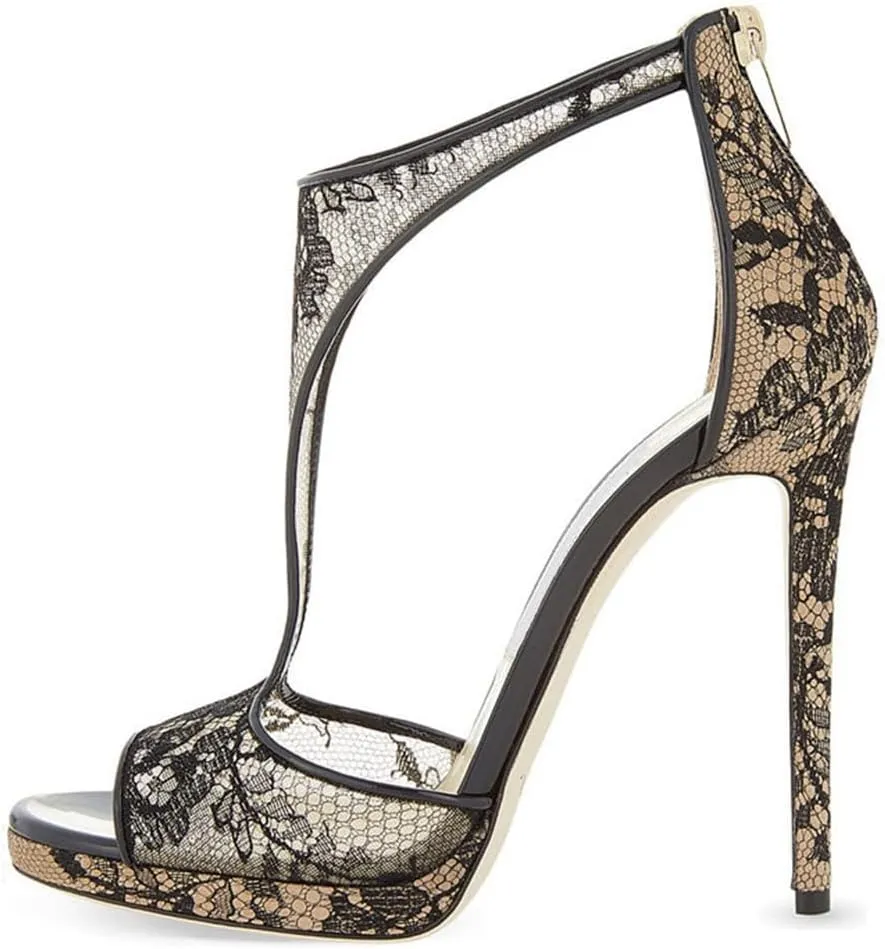 Women's Open Toe T-strap Stilettos High Heels Sandals Summer Platform Mesh Zip Party Dressy Heeled Sandal