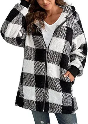 Womens Oversized Sherpa Jacket Fuzzy Fleece Jackets Zip Up Outerwear Teddy Bear Sweater Coats with Hood