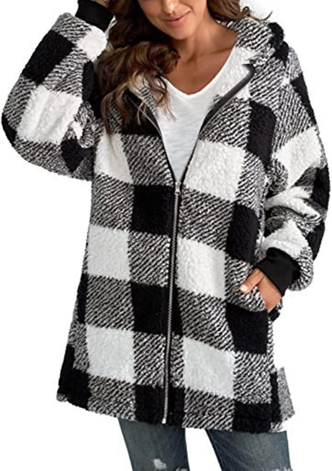 Womens Oversized Sherpa Jacket Fuzzy Fleece Jackets Zip Up Outerwear Teddy Bear Sweater Coats with Hood